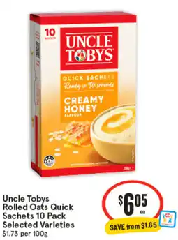 IGA Uncle Tobys Rolled Oats Quick Sachets offer
