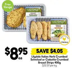 Drakes Lilydale Italian Herb Crumbed Schnitzel or Ciabatta Crumbed Breast Strips offer