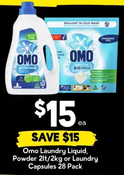 Drakes Omo Laundry Liquid, Powder 2lt/2kg or Laundry Capsules 28 Pack offer