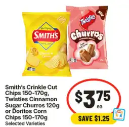 IGA Smith's Crinkle Cut Chips, Twisties Cinnamon Sugar Churros or Doritos Corn Chips offer
