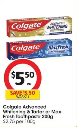 Coles Colgate Advanced Whitening & Tartar or Max Fresh Toothpaste offer