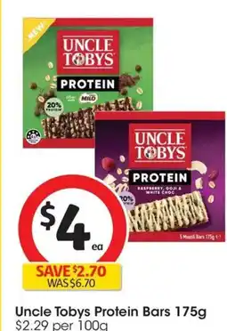 Coles Uncle Tobys Protein Raspberry Goji & White Chocolate Muesli Bars School Lunchbox Snacks offer