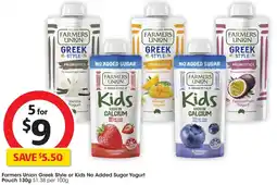 Coles Farmers Union Greek Style or Kids No Added Sugar Yogurt Pouch offer