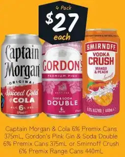 Cellarbrations Captain Morgan & Cola 6% Premix Cans, Gordon's Pink Gin & Soda Double 6% Premix Cans or Smirnoff Crush 6% Premix Range Cans offer