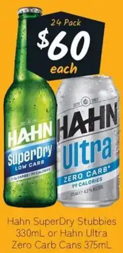Cellarbrations Hahn SuperDry Stubbies or Hahn Ultra Zero Carb Cans offer
