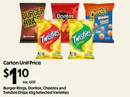Campbells Wholesale Burger Rings, Doritos, Cheetos and Twisties Chips 45g Selected Varieties offer