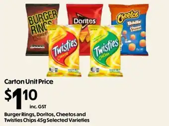 Burger Rings, Doritos, Cheetos and Twisties Chips 45g Selected Varieties