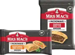 IGA Mrs Mac’s Microwave Beef Pie 175g, Pastie 165g or Giant Sausage Roll 175g Selected Varieties offer