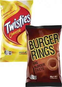 Coles Twisties or Burger Rings 65g-90g offer