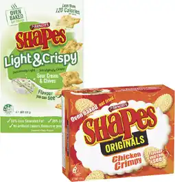 Coles Arnott's Shapes or Shapes Light & Crispy Crackers 120g-190g offer
