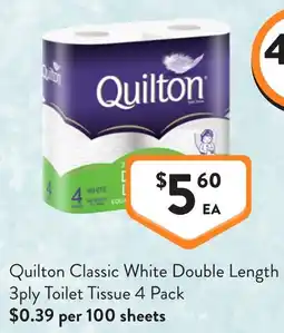 Foodworks Quilton Classic White Double Length 3ply Toilet Tissue offer