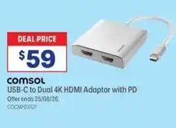 Officeworks Comsol USB-C to Dual 4K HDMI Adaptor with PD offer