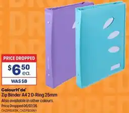 Officeworks ColourH'de Zip Binder A42 D-Ring 25mm offer