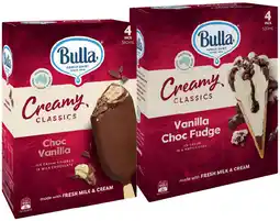 IGA Bulla Creamy Classics Ice Cream Cones or Sticks 4 Pack Selected Varieties offer