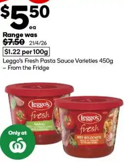 Woolworths Leggo's Fresh Pasta Sauce Varieties offer