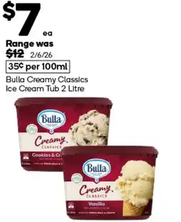 Woolworths Bulla Creamy Classics Ice Cream Tub offer