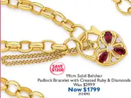 Prouds 19cm Solid Belcher Padlock Bracelet with Created Ruby & Diamonds offer