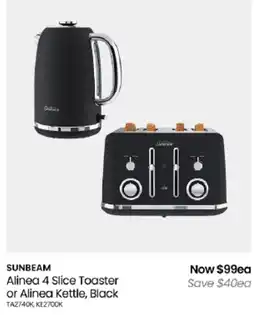 Myer Sunbeam Alinea 4 Slice Toaster or Alinea Kettle, Black offer