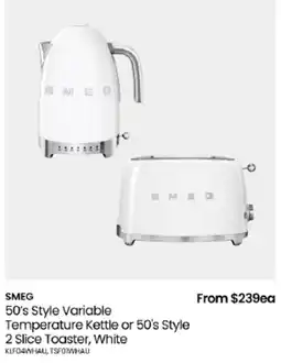 Myer SMEG 50's Style Variable Temperature Kettle or 50's Style 2 Slice Toaster, White offer