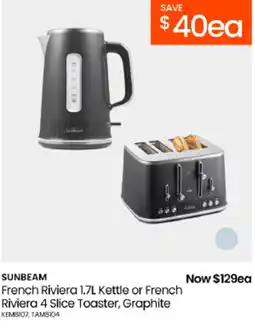 Myer Sunbeam French Riviera 1.7L Kettle or French Riviera 4 Slice Toaster, Graphite offer