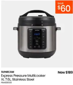 Myer Sunbeam Express Pressure Multicooker XL 7.6L Stainless Steel offer
