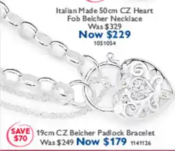 Prouds Italian Made 50cm CZ Heart Fob Belcher Necklace offer