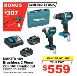Total Tools Makita 18V Brushless 2 Piece 2x3.0Ah Combo Kit offer