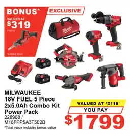 Total Tools Milwaukee 18V Fuel 5 Piece 2x5.0Ah Combo Kit Power Pack offer