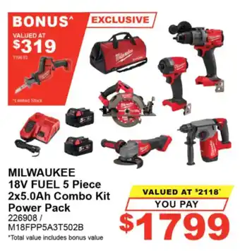 Milwaukee 18V Fuel 5 Piece 2x5.0Ah Combo Kit Power Pack