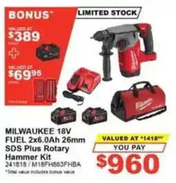 Total Tools Milwaukee 18V Fuel 2x6.0Ah 26mm SDS Plus Rotary Hammer Kit offer