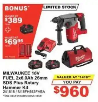 Milwaukee 18V Fuel 2x6.0Ah 26mm SDS Plus Rotary Hammer Kit