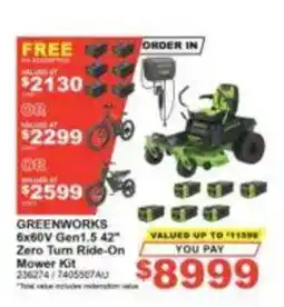 Total Tools Greenworks 6x60V Gen 1.5 42" Zero Turn Ride-On Mower Kit offer