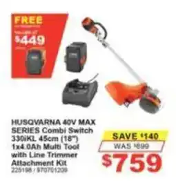 Total Tools Husqvarna 40V Max Series Combi Switch 330iKL 45cm (18") 1x4.0Ah Multi Tool with Line Trimmer Attachment Kit offer