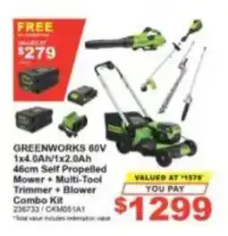 Total Tools Greenworks 60V 46cm Self Propelled Mower + Multi-Tool Trimmer + Blower Combo Kit offer