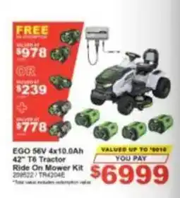 Total Tools Ego 56V 4x10.0Ah 42" T6 Tractor Ride On Mower Kit offer