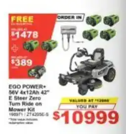 Total Tools Ego Power+ 56V 4x12Ah 42" E Steer Zero Turn Ride on Mower Kit offer