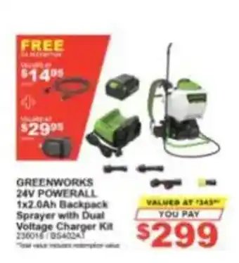 Total Tools Greenworks 24V Powerall 1x2.0Ah Backpack Sprayer with Dual Voltage Charger Kit offer