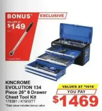 Kincrome Evolution 134 Piece 26" 6 Drawer Chest Tool Kit