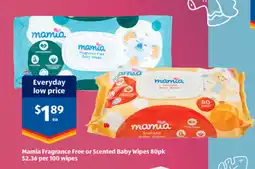 ALDI Mamia Fragrance Free or Scented Baby Wipes offer