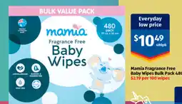 ALDI Mamia Fragrance Free Baby Wipes offer