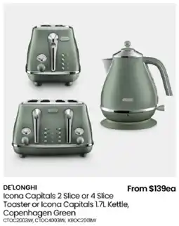 Myer De'longhi Icona Capitals 2 Slice or 4 Slice Toaster or Icona Capitals Kettle, Copenhagen Green offer