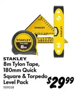 Bunnings Stanley 8m Tylon Tape, 180mm Quick Square & Torpedo Level Pack offer