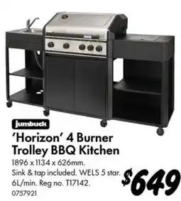 Bunnings jumbuck 'Horizon' 4 Burner Trolley BBQ Kitchen offer
