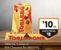Foodworks Toblerone Pralines or Milk Chocolate Bar offer