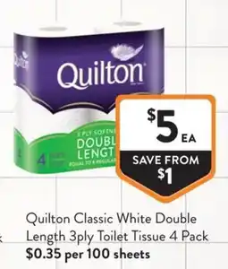 Foodworks Quilton Classic White Double Length 3ply Toilet Tissue offer