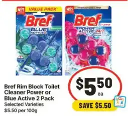 IGA Bref Rim Block Toilet Cleaner Power or Blue Active 2 Pack offer