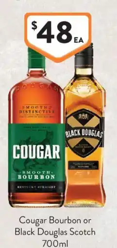 Foodworks Cougar Bourbon or Black Douglas Scotch offer