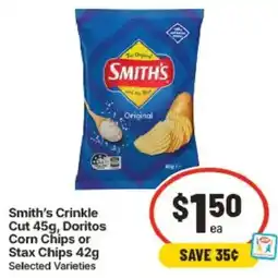 IGA Smith's Crinkle Cut, Doritos Corn Chips or Stax Chips offer