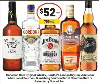 IGA Canadian Club Original Whisky, Gordon's London Dry Gin, Bundaberg Bourbon Barrel Campfire Rum or Sailor Jerry Spiced Rum offer