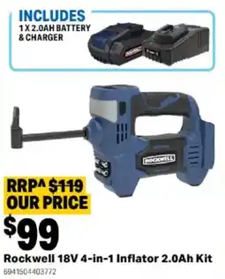 Mitre 10 Rockwell 18V 4-in-1 Inflator 2.0Ah Kit offer